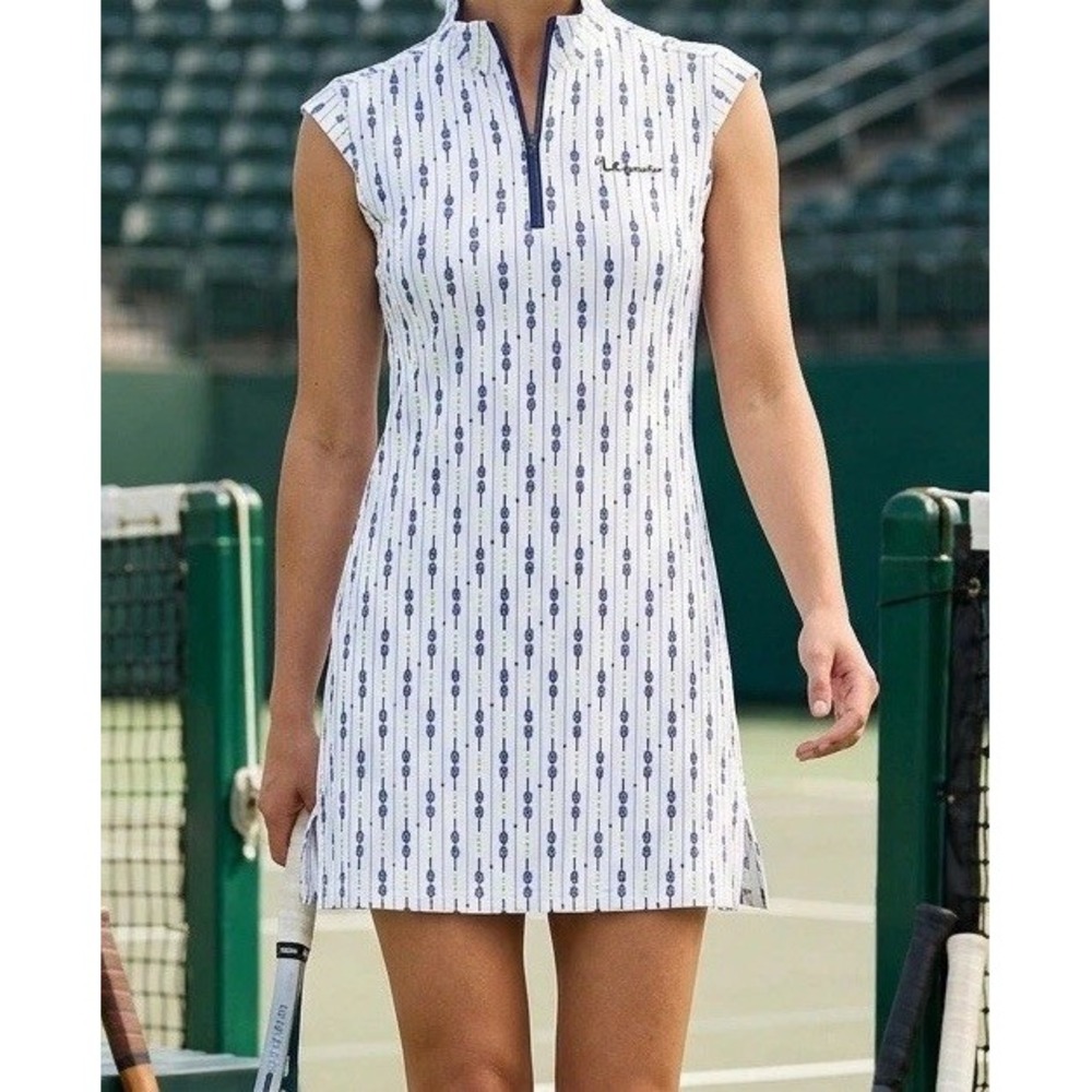SanSoleil Women's Tennis Dress White Navy Green Racket Print Size L